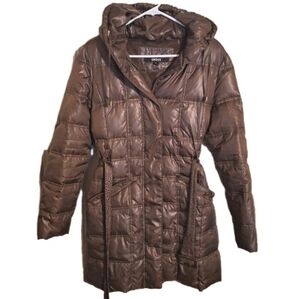 DKNY Chocolate Brown Long Quilted Down Puffer Coat Womens Size Medium EUC